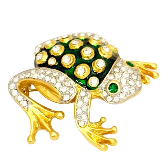 Vintage 1980s Frog Brooch Enamel and Crystals - Picture 3 of 7
